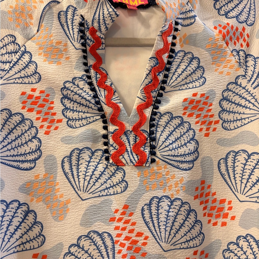 THML White Dress with Blue Shells and Coral Accents and Tic Rac detail - Picture 3 of 8